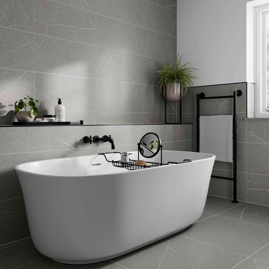 Avela Grey tiles (2 sizes), installed in a bathroom