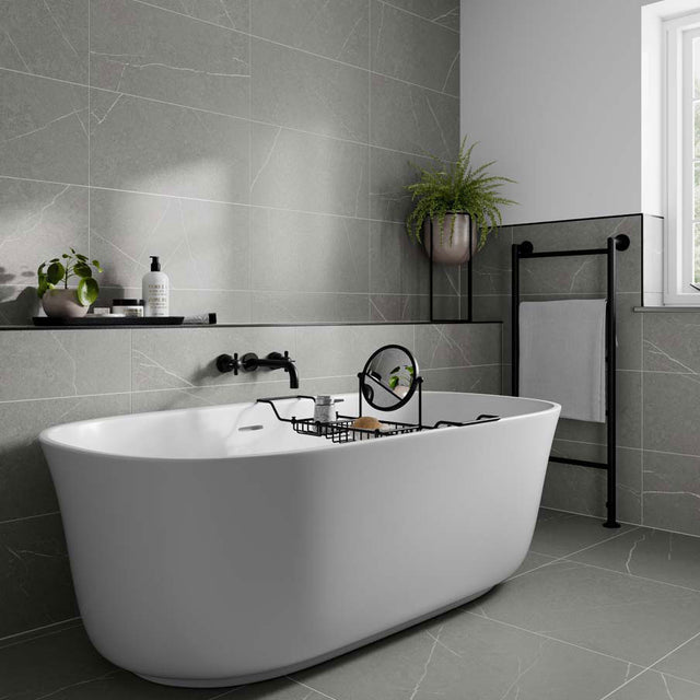 Avela Grey tiles (2 sizes), installed in a bathroom