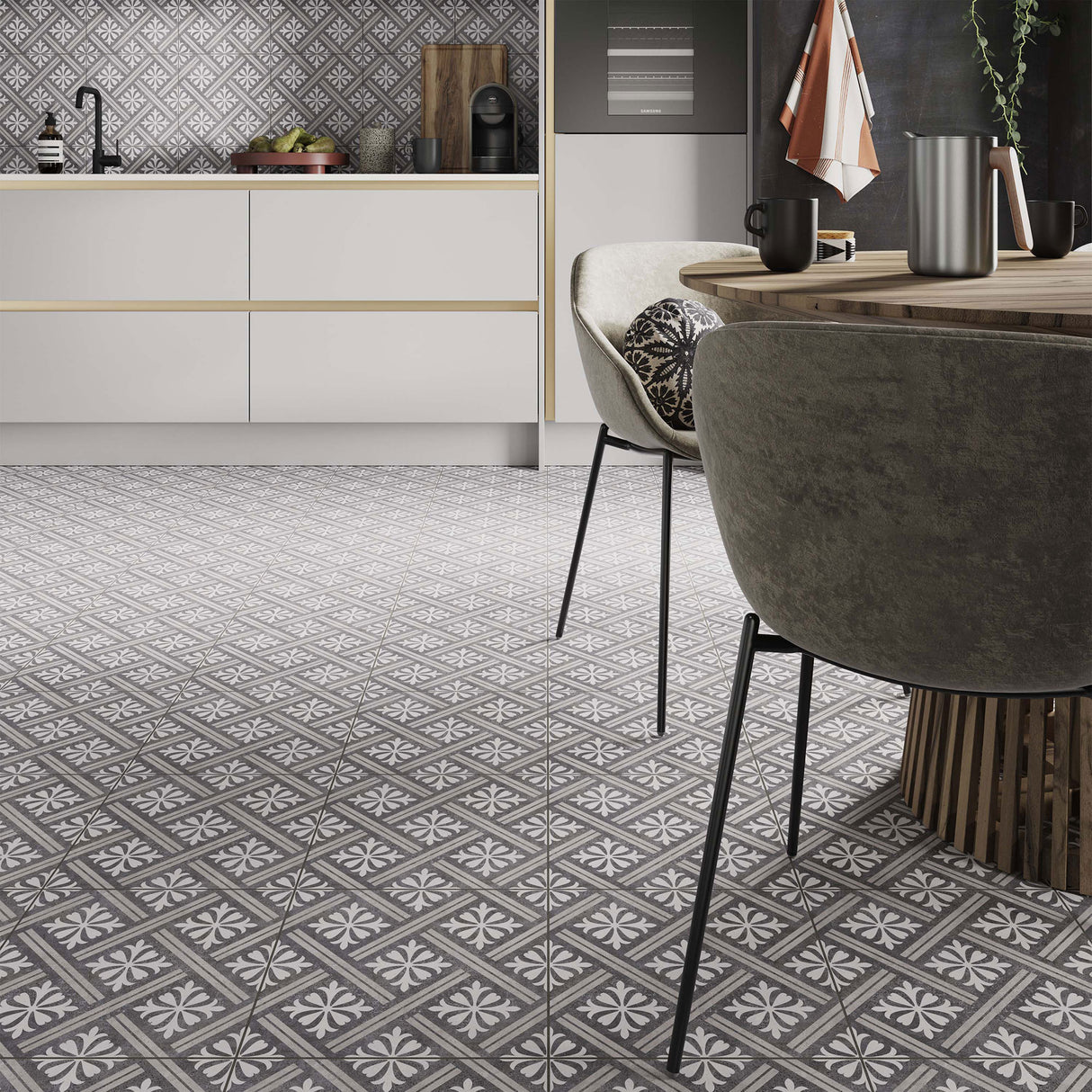 Ravello Charcoal Patterned tiles on wall and floor