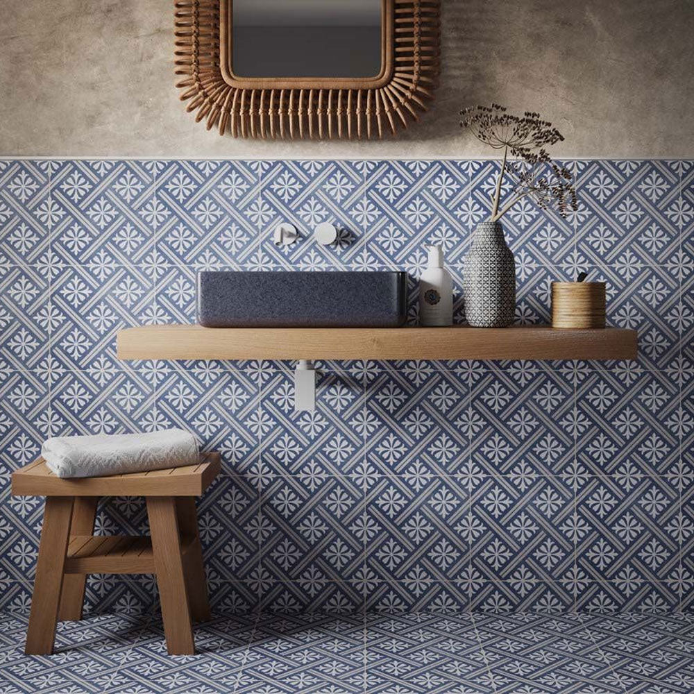 Ravello Navy Blue tiles on bathroom wall and floor