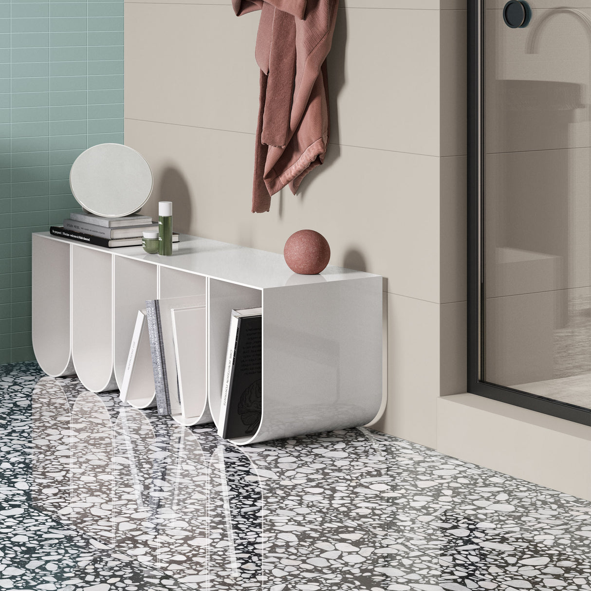 Casalgrande Atelier Brume Tiles (with Atelier Fiordaliso Mosaico & Macro Moro on the floor)