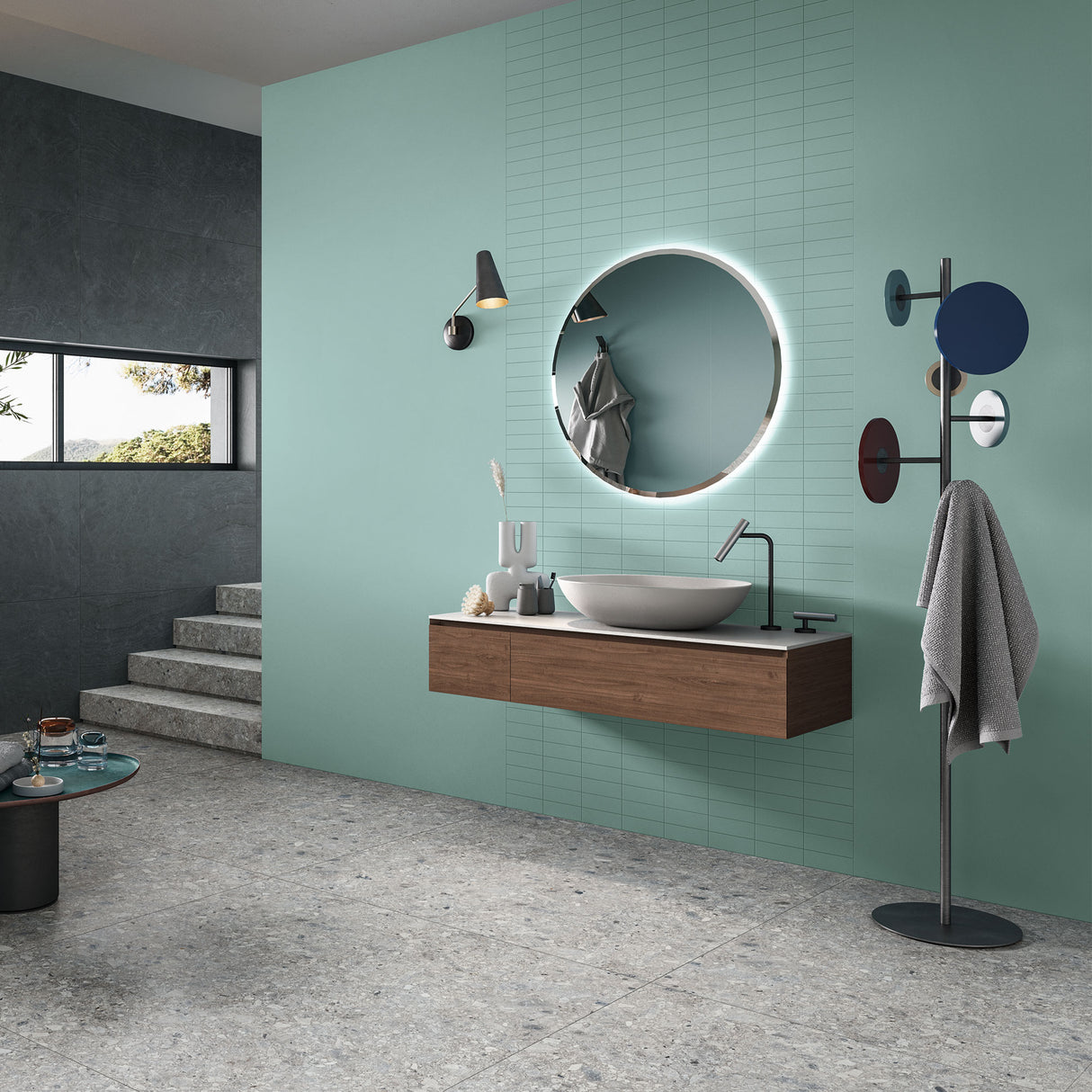 Casalgrande Atelier Lavanda (with coordinating decors) with Pietra del Cardoso & Grè Grigio from the Pietre di Paragone collection.