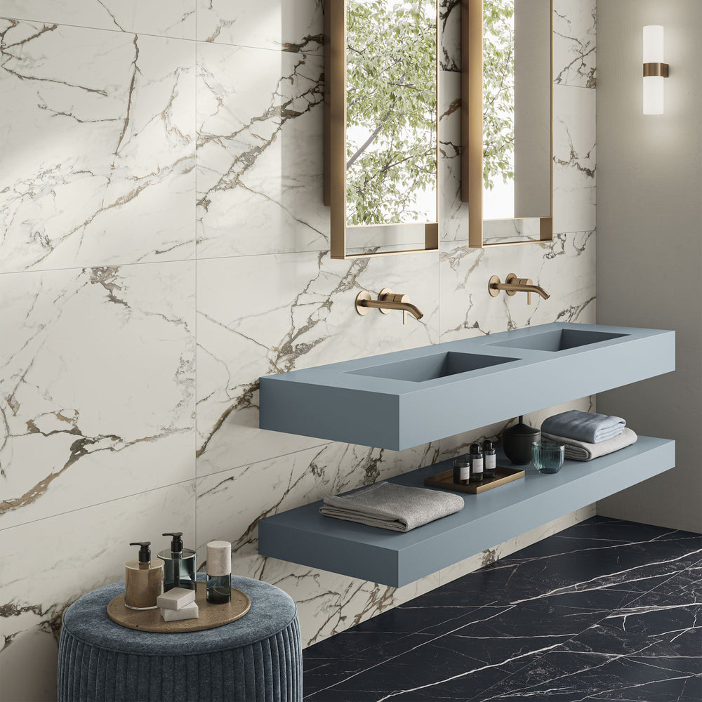 Casalgrande Marmora Lunense (vein-touch finish) with Nero Antico on the floor