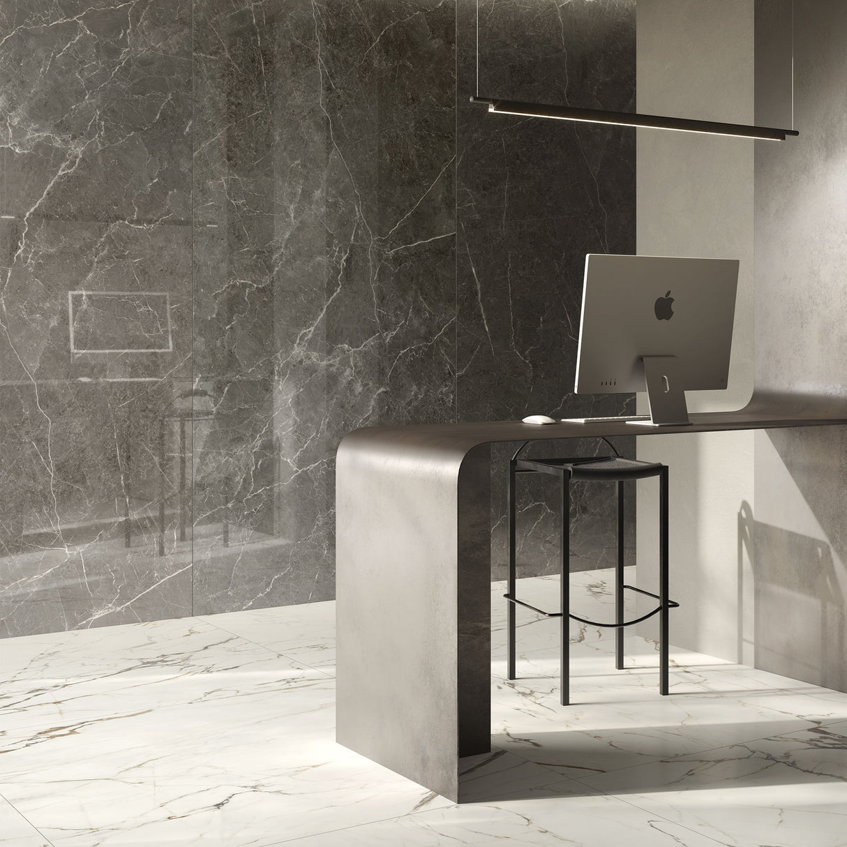 Casalgrande Marmora Morato (Lucida finish) on wall with Lunese (Smooth finish) on floor