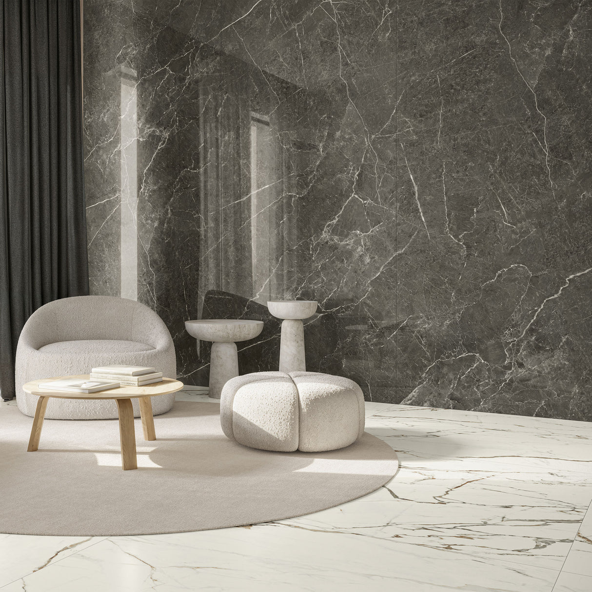 Casalgrande Marmora Morato (Lucida finish) on wall with Lunese (Smooth finish) on floor