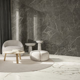 Casalgrande Marmora Morato (Lucida finish) on wall with Lunese (Smooth finish) on floor