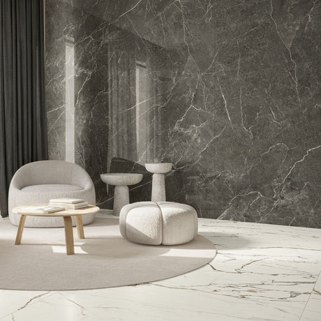 Casalgrande Marmora Morato (Lucida finish) on wall with Lunese (Smooth finish) on floor