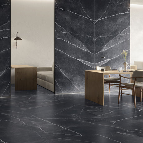 Casalgrande Marmora Nero Antico 120x120 (smooth), 120x278 bookmatch (honed)