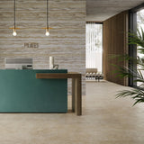 Casalgrande Pietra Tiburtina Campidoglio Cross Floor Tiles with Decoro Travertino Onda Wall Tiles