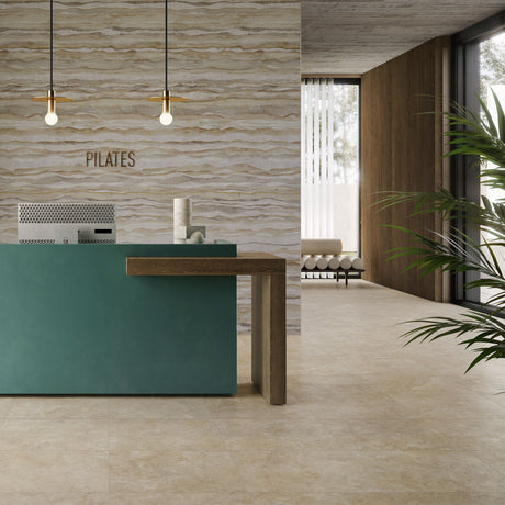 Casalgrande Pietra Tiburtina Campidoglio Cross Floor Tiles with Decoro Travertino Onda Wall Tiles
