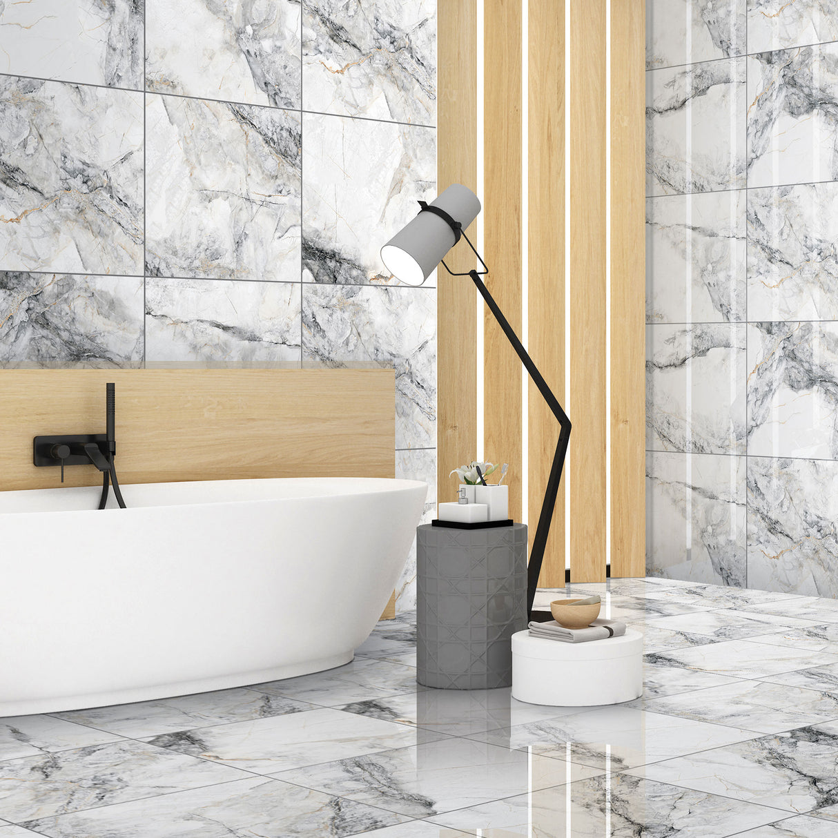 Drift White tile on bathroom walls and floors