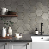 Facet Steel Hexagon Matt Porcelain Tiles in kitchen