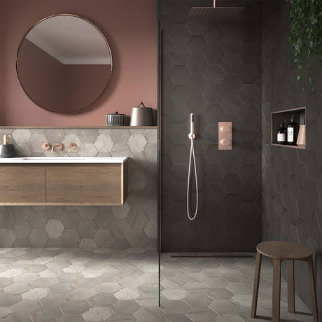 Facet Steel Hexagon Matt Porcelain Tiles in bathroom