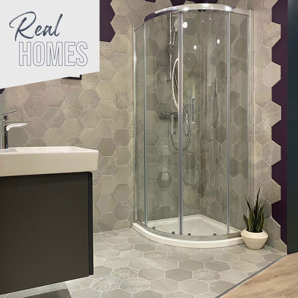 Facet Steel Hexagon Matt Porcelain Tiles in bathroom