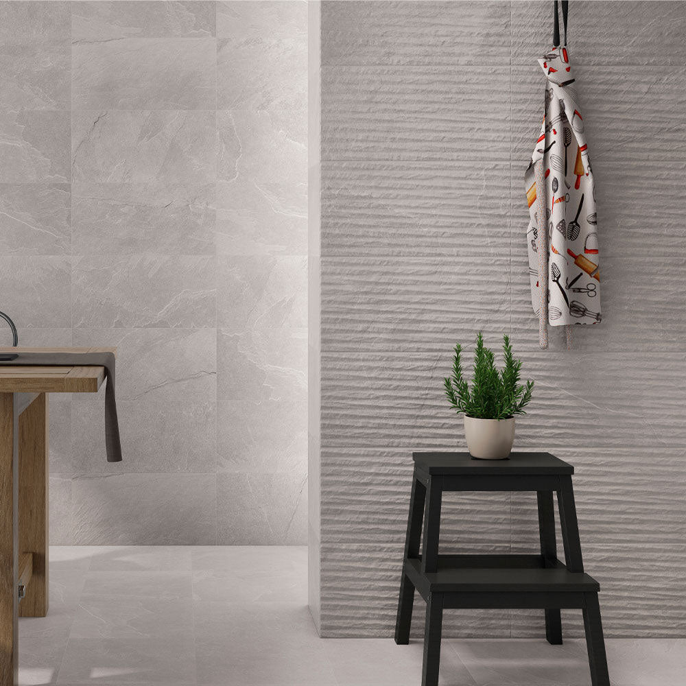 Galeno Smoke Lined tiles (with plain tiles from Galeno collection)