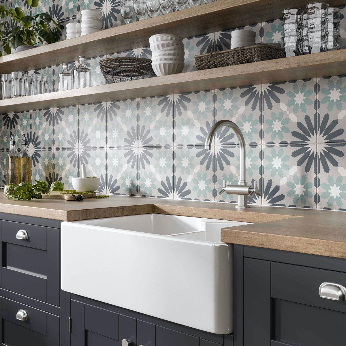 Galleria Gavino Patterned Matt Tiles on kitchen wall