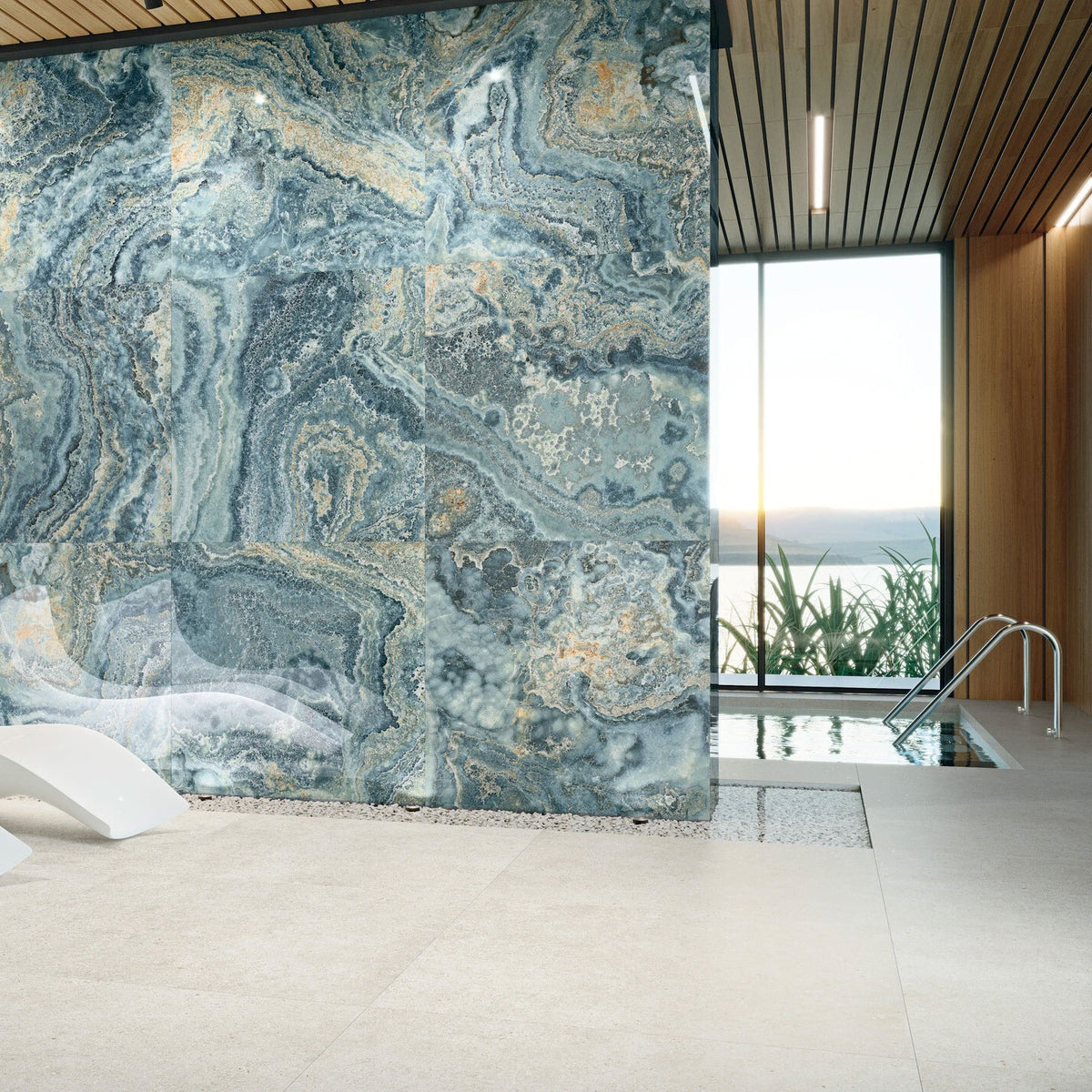 Grespania Arles Blanco floor tiles by indoor pool