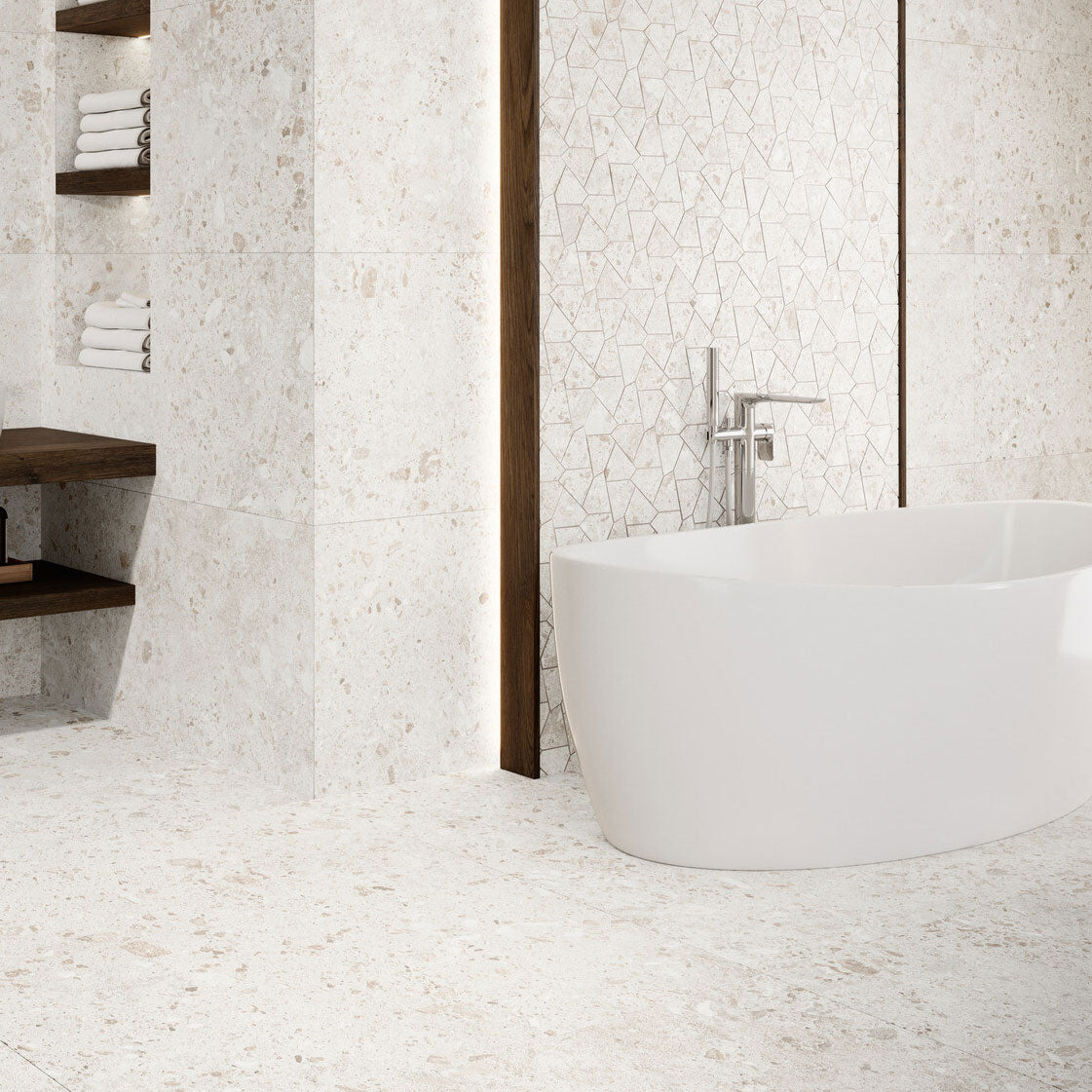 Grespania Bierzo Perla bathroom with freestanding bath