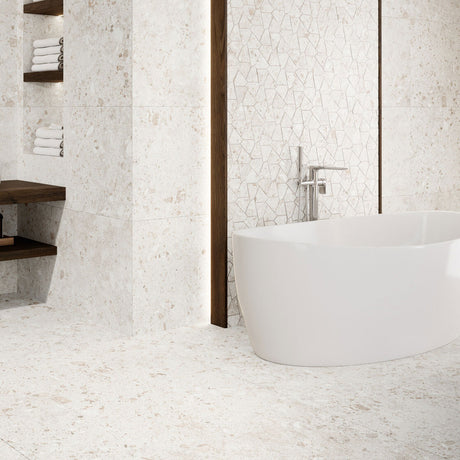 Grespania Bierzo Perla bathroom with freestanding bath