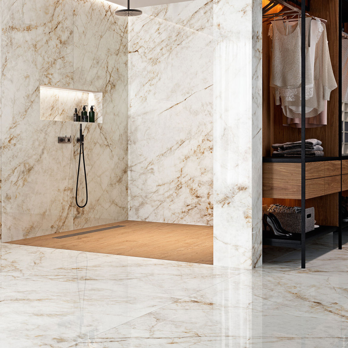Grespania Cuarzo Reno polished shower and floor