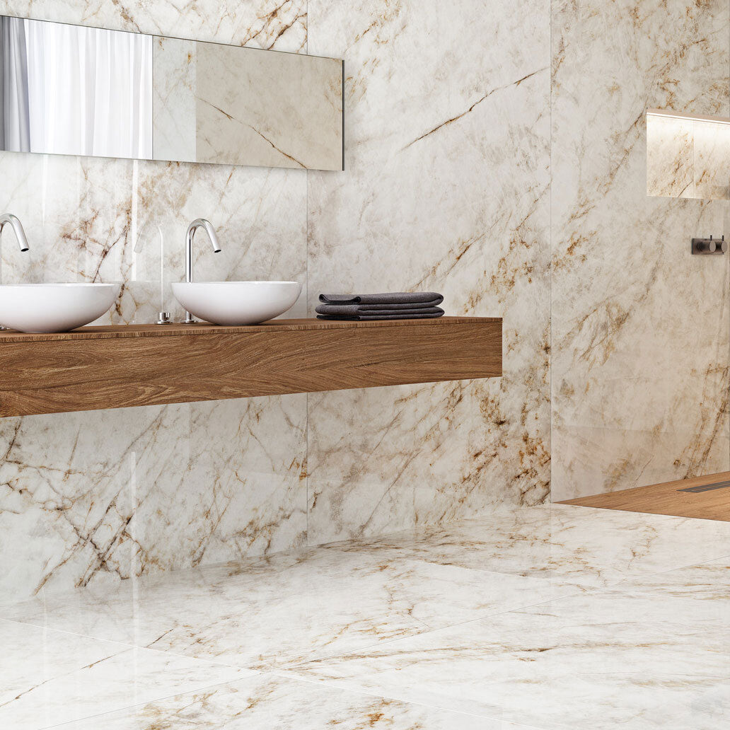 Grespania Cuarzo Reno polished bathroom walls