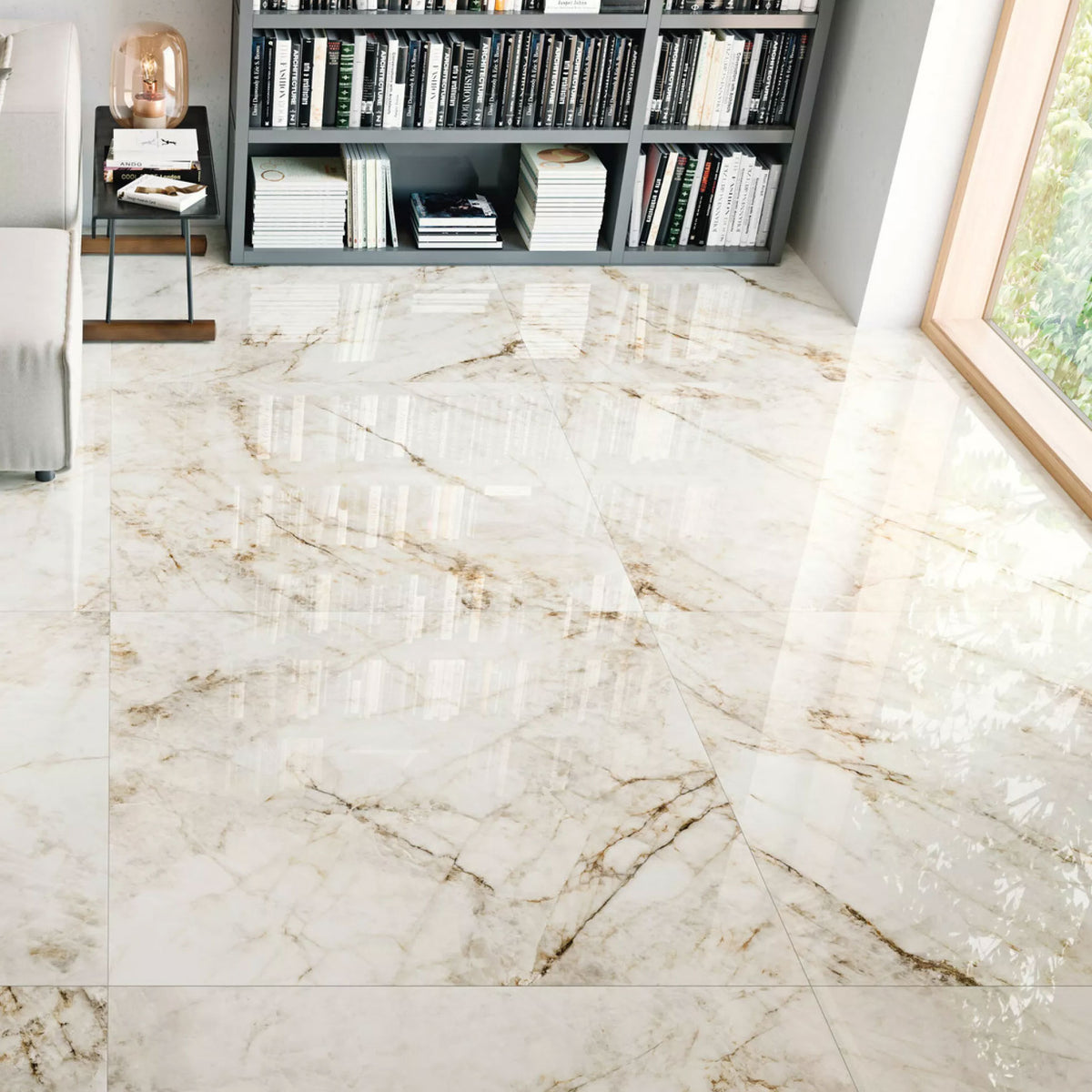 Grespania Cuarzo Reno polished floor by a window