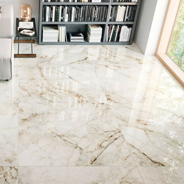 Grespania Cuarzo Reno polished floor by a window