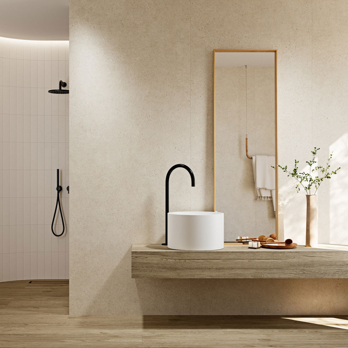 Pangea Greige, Pigmento Blanco & Jungla Roble Tiles