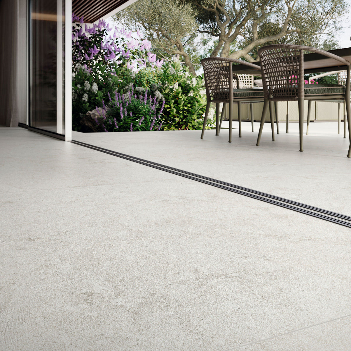 Grespania Ribera Blanco floor tiles (shown indoors and outdoors)