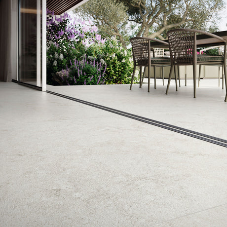 Grespania Ribera Blanco floor tiles (shown indoors and outdoors)