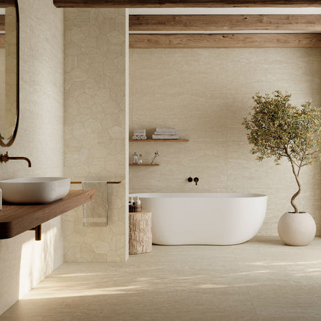 Grespania Riverside Beige Wall & Floor Tiles in a bathroom