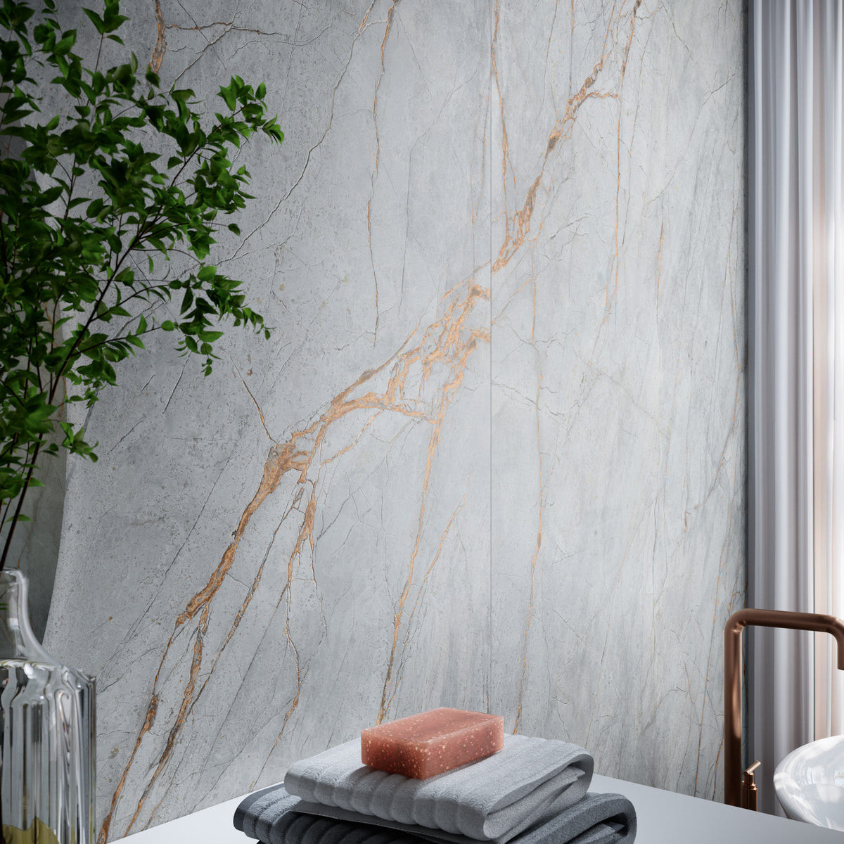 Grespania Blue Roma marble effect bathroom wall
