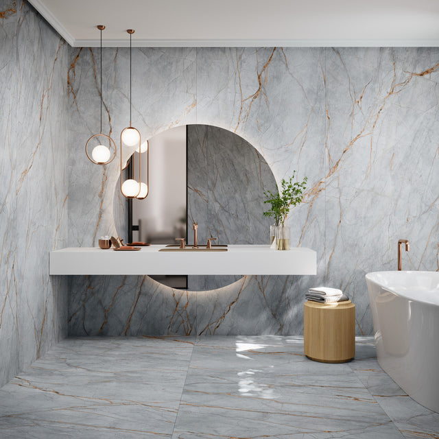 Grespania Blue Roma marble effect bathroom