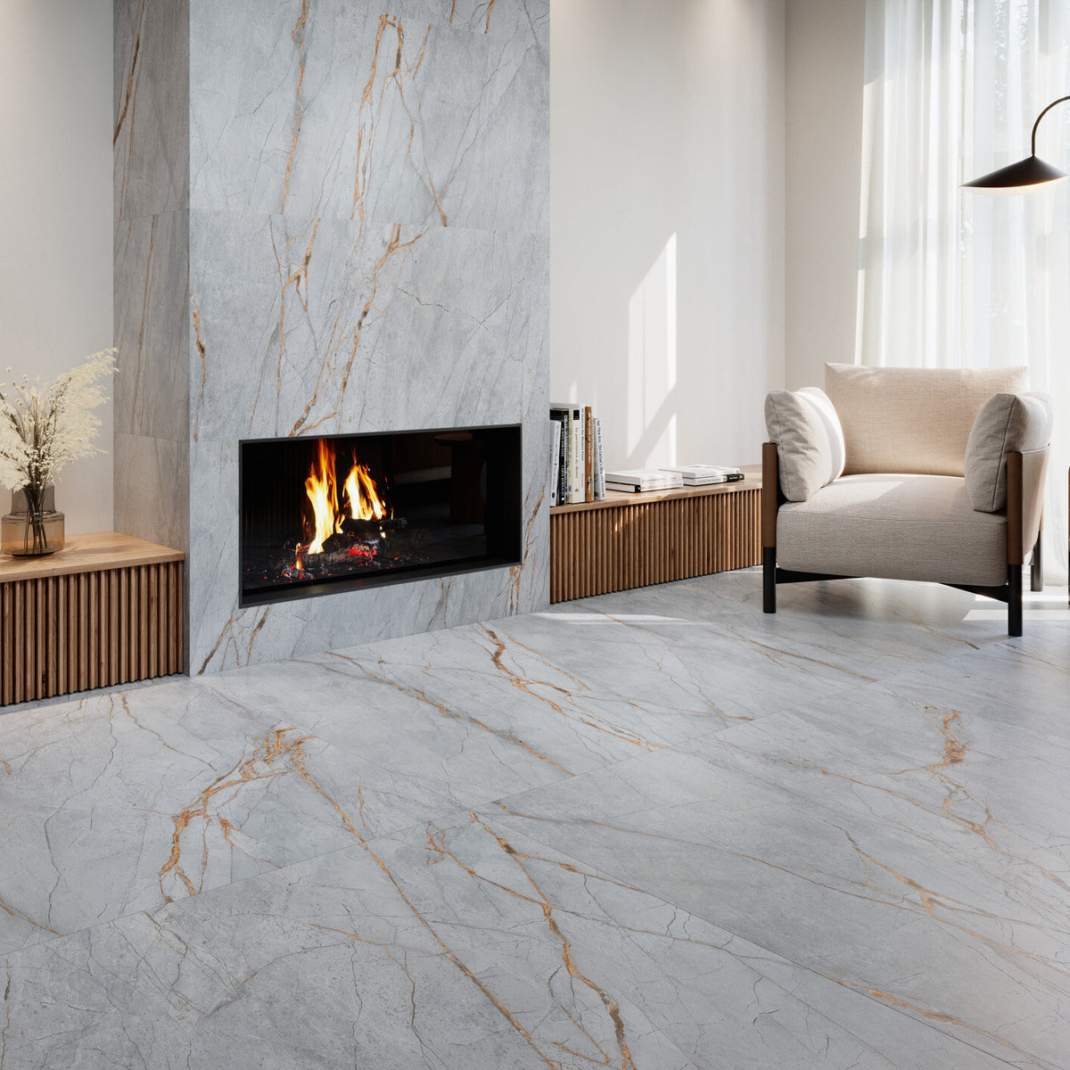 Grespania Blue Roma floor and fireplace wall