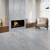 Grespania Blue Roma floor and fireplace wall