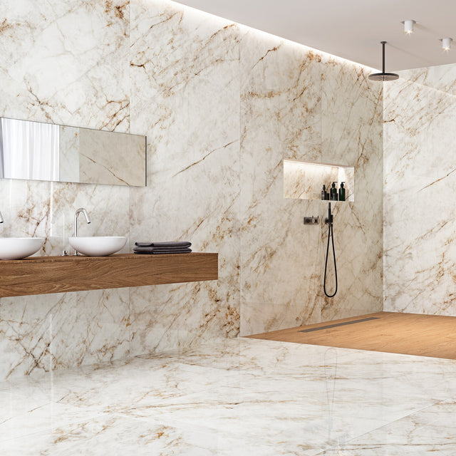 Grespania Cuarzo Reno polished bathroom