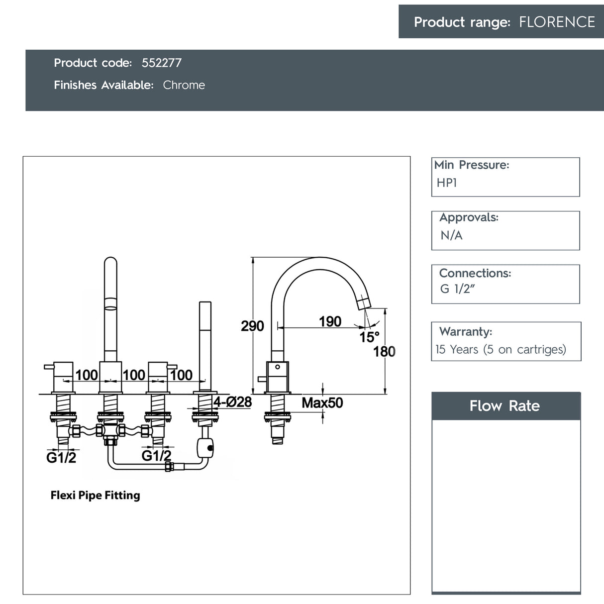 JTP FLORENCE Chrome 4 Hole Bath Shower Mixer Tap
