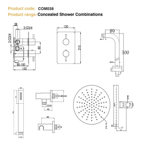 JTP FLORENCE Chrome Round Thermostat with Overhead Shower & Fixed Shower Handle – 2 Controls