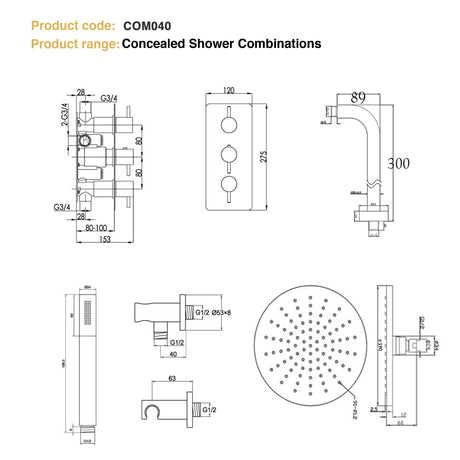 JTP FLORENCE Chrome Round Thermostat with Overhead Shower & Fixed Shower Handle - 3 Controls