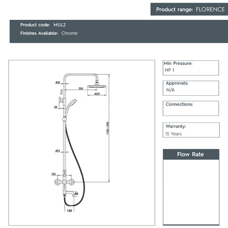 JTP FLORENCE Chrome Shower Pole with Overhead Shower, Hand Shower and Bath Spout