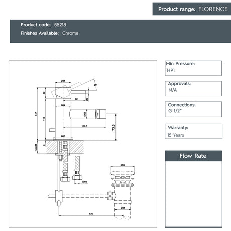 JTP FLORENCE Chrome Single Lever Bidet Mixer Tap with Pop Up Waste