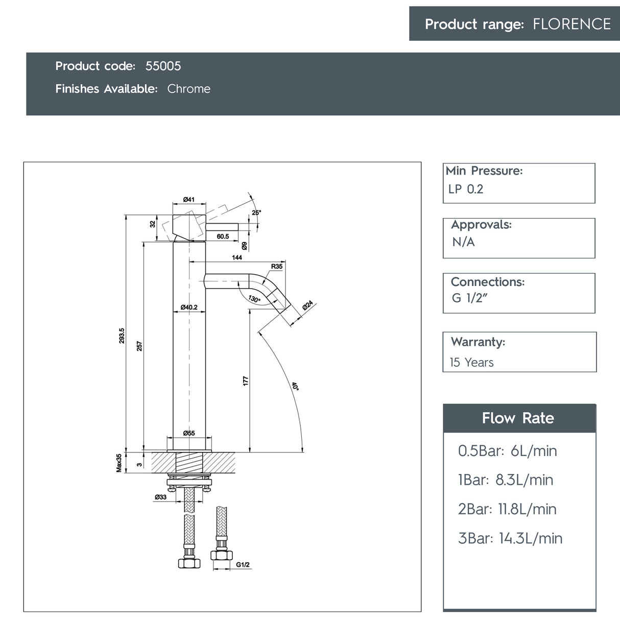 JTP FLORENCE Chrome Single Lever Tall Basin Mixer Tap