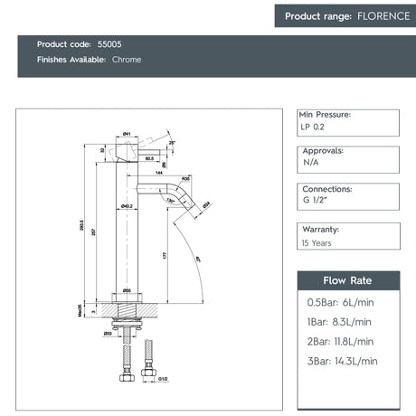 JTP FLORENCE Chrome Single Lever Tall Basin Mixer Tap