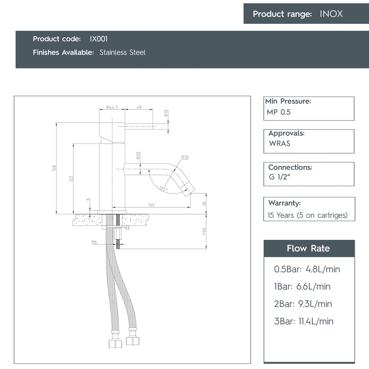 JTP INOX Single Lever Basin Mixer Tap, Long Projection