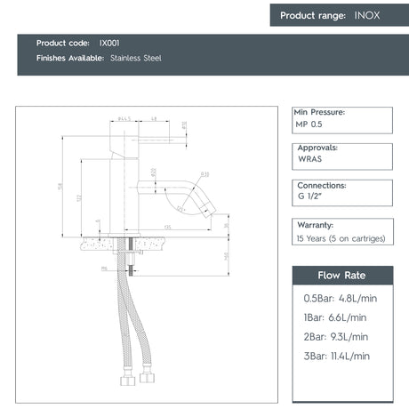 JTP INOX Single Lever Basin Mixer Tap, Long Projection