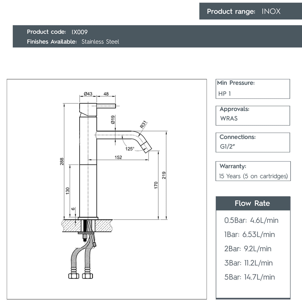JTP INOX Single Lever Tall Basin Mixer Tap
