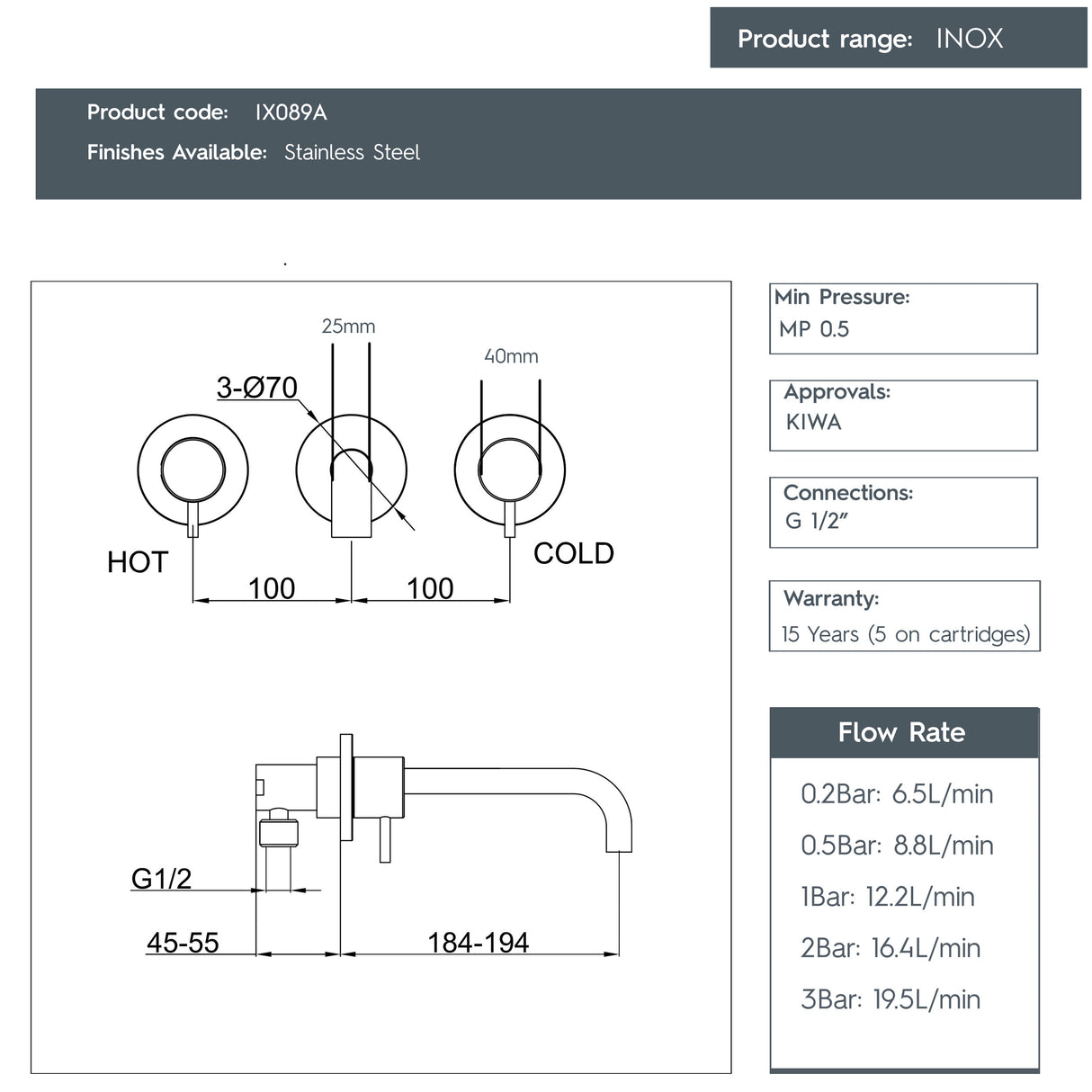 JTP INOX Stainless Steel 3 Hole Wall Mounted Basin Mixer Tap