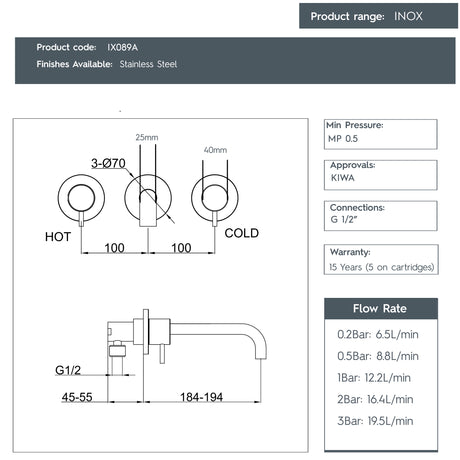 JTP INOX Stainless Steel 3 Hole Wall Mounted Basin Mixer Tap