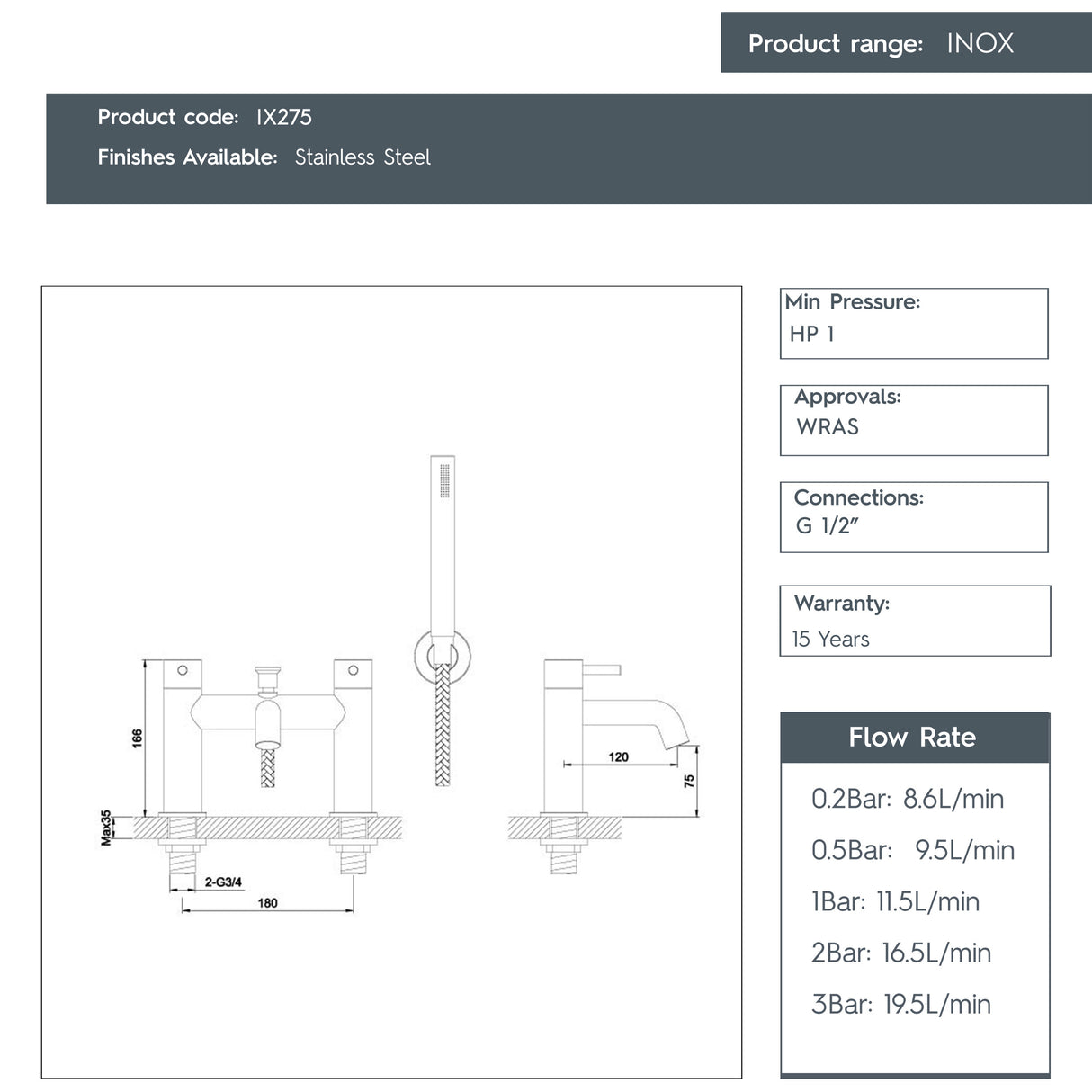 JTP INOX Stainless Steel Bath Shower Mixer Tap