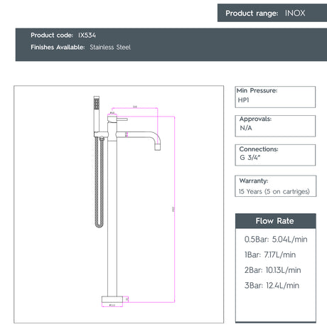 JTP INOX Stainless Steel Floor Standing Bath Shower Mixer Tap
